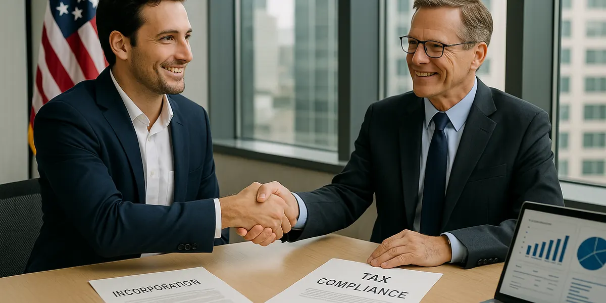Two businessmen shaking hands over incorporation and tax compliance documents