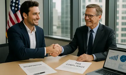Two businessmen shaking hands over incorporation and tax compliance documents