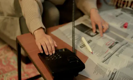 Hand dialing a black landline telephone on a desk covered with newspapers