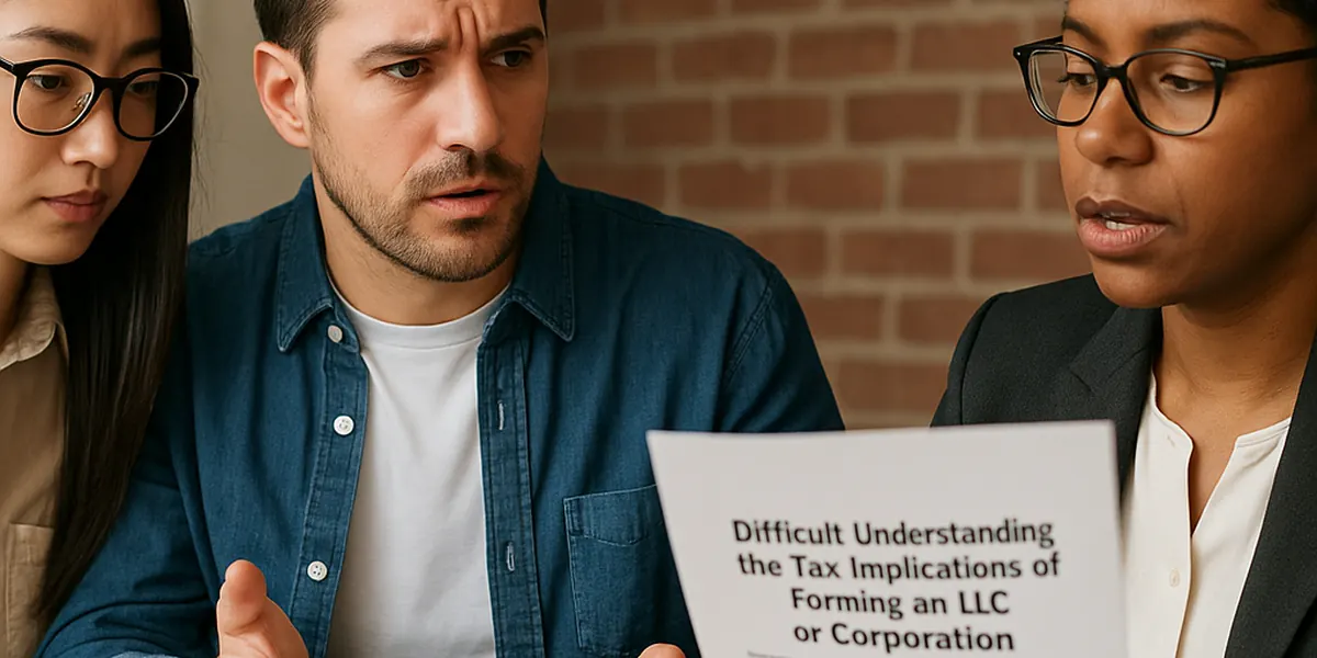 Three entrepreneurs discussing a document about the tax implications of an LLC or a corporation