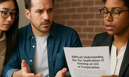 Three entrepreneurs discussing a document about the tax implications of an LLC or a corporation
