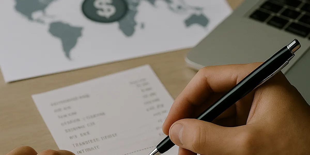 Hand writing on a receipt next to a world map