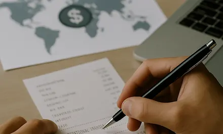 Hand writing on a receipt next to a world map