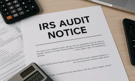 IRS audit notice letter on a desk with two calculators