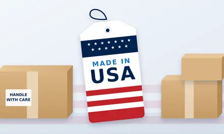 Illustration of a Made in USA hang tag between two stacks of shipping boxes