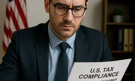 Businessman in a suit reading a U.S. tax compliance document, with an American flag behind him