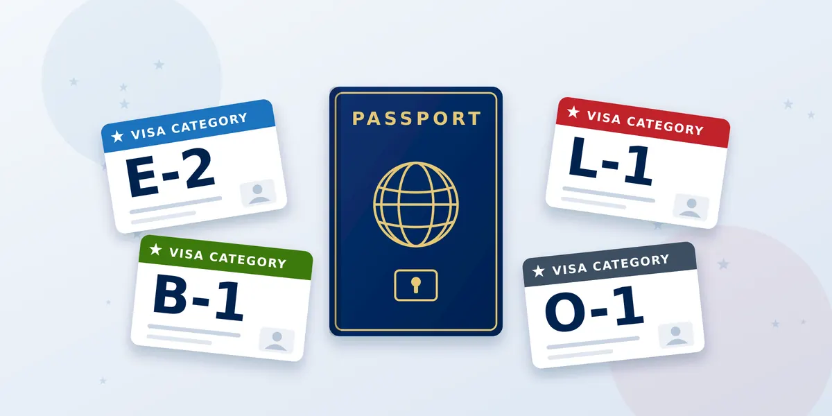 Illustration of a passport surrounded by four U.S. visa category cards