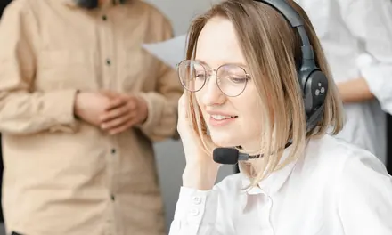 Smiling woman wearing a headset working in customer support