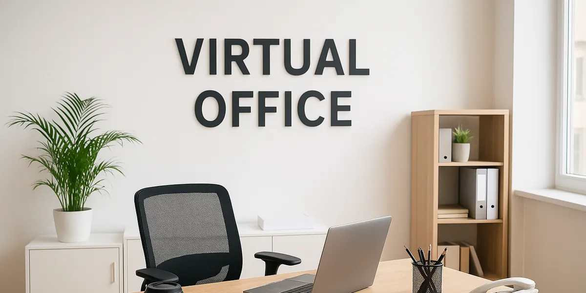 Bright office desk with a laptop, a plant and a virtual office sign on the wall