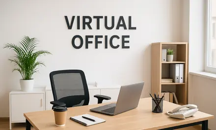 Bright office desk with a laptop, a plant and a virtual office sign on the wall